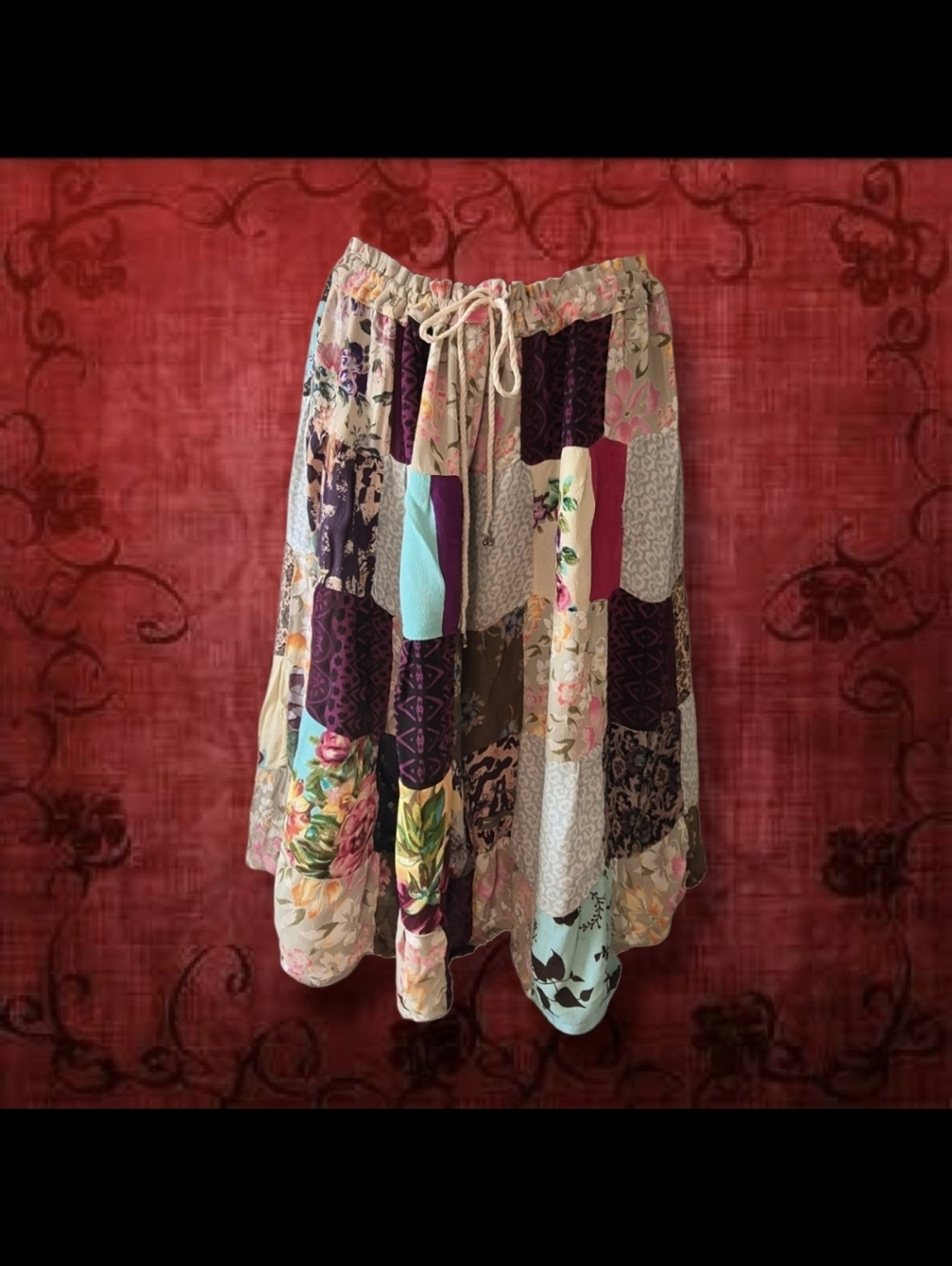 90s Vintage Whimsical Flower Child Festival Boho Patchwork Just Cruising Knee Le